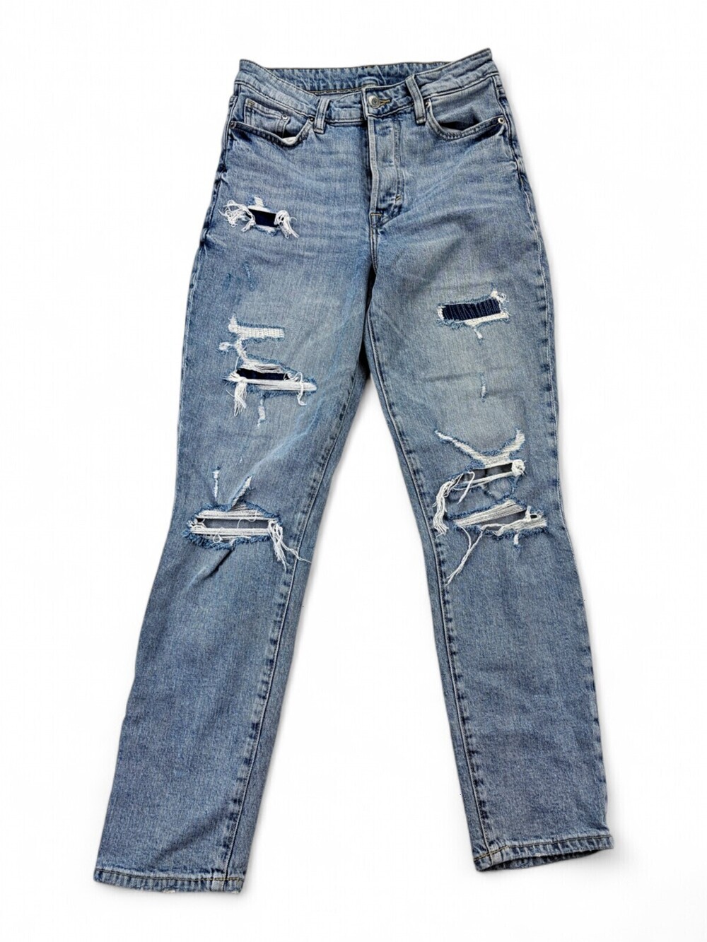 & Denim High Rise Mom Jeans Size 4 Distressed Light Wash